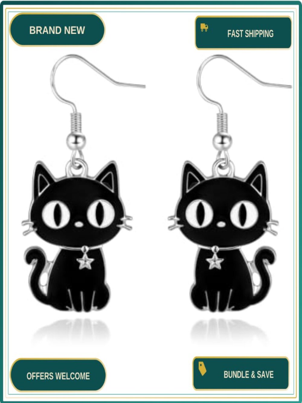 Black Cat Dangle Earrings with Star Charms for Women